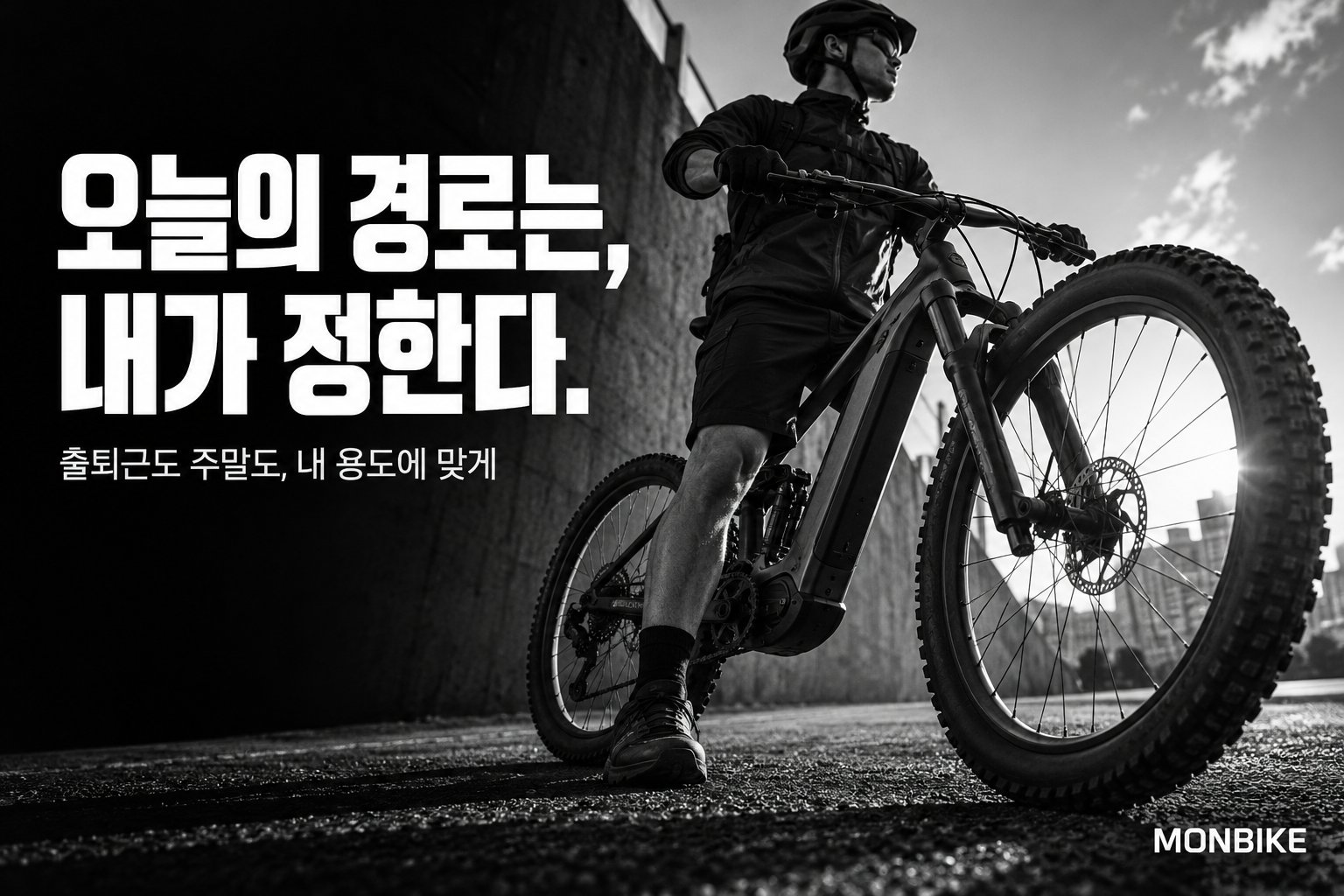 자전거와 함께 선 라이더를 담은 흑백 홍보용 이미지